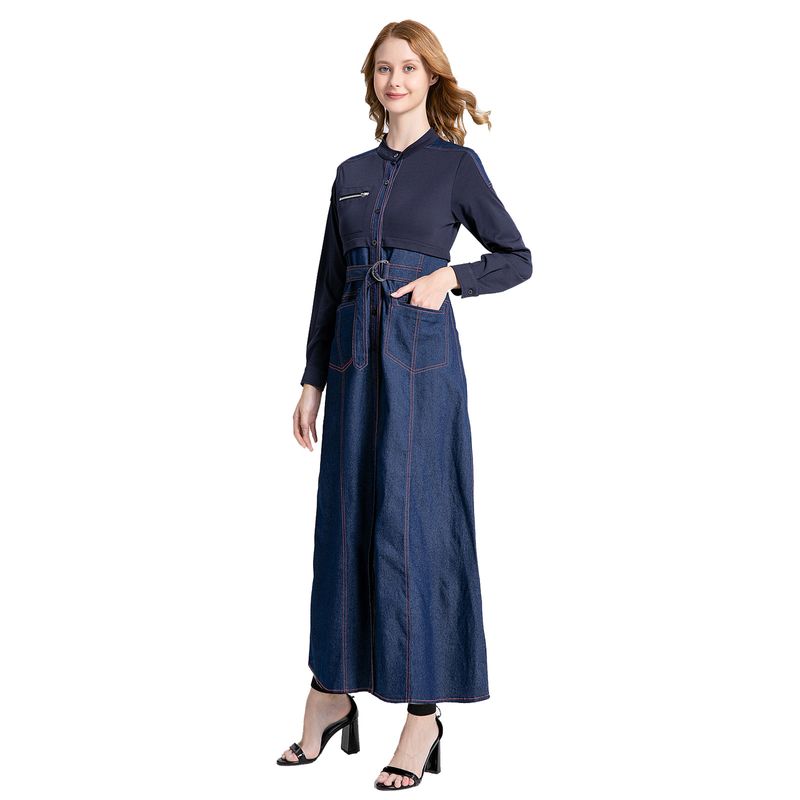 Women's Clothing Robe Fashion Dress Pocket Long Sleeve Belt Denim Skirt Outer Robe_voghion.com