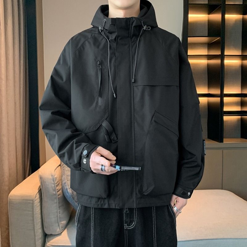 Giacca da lavoro con cappuccio, giacca casual ampia da uomo, giacca mimetica con colletto rialzato e tasche grandi_voghion.com