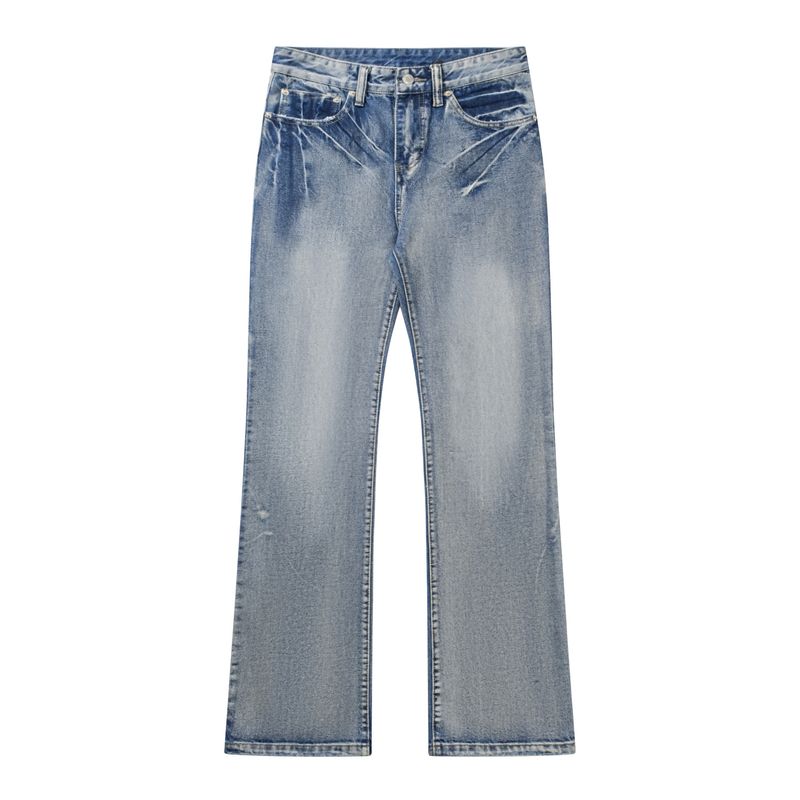 Vêtements pour hommes Lightning Cat Claw Ice Blue Snowflake Lavé Endommagé Quatre Saisons Jeans Jambe Large Bootcut_voghion.com