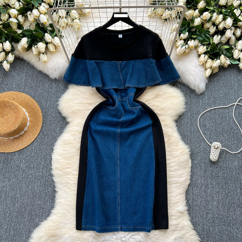 Niche high-end tweedelige denimjurk met split voor dames Koreaanse versie van een lange rok met retro gegolfde taille en temperament_voghion.com