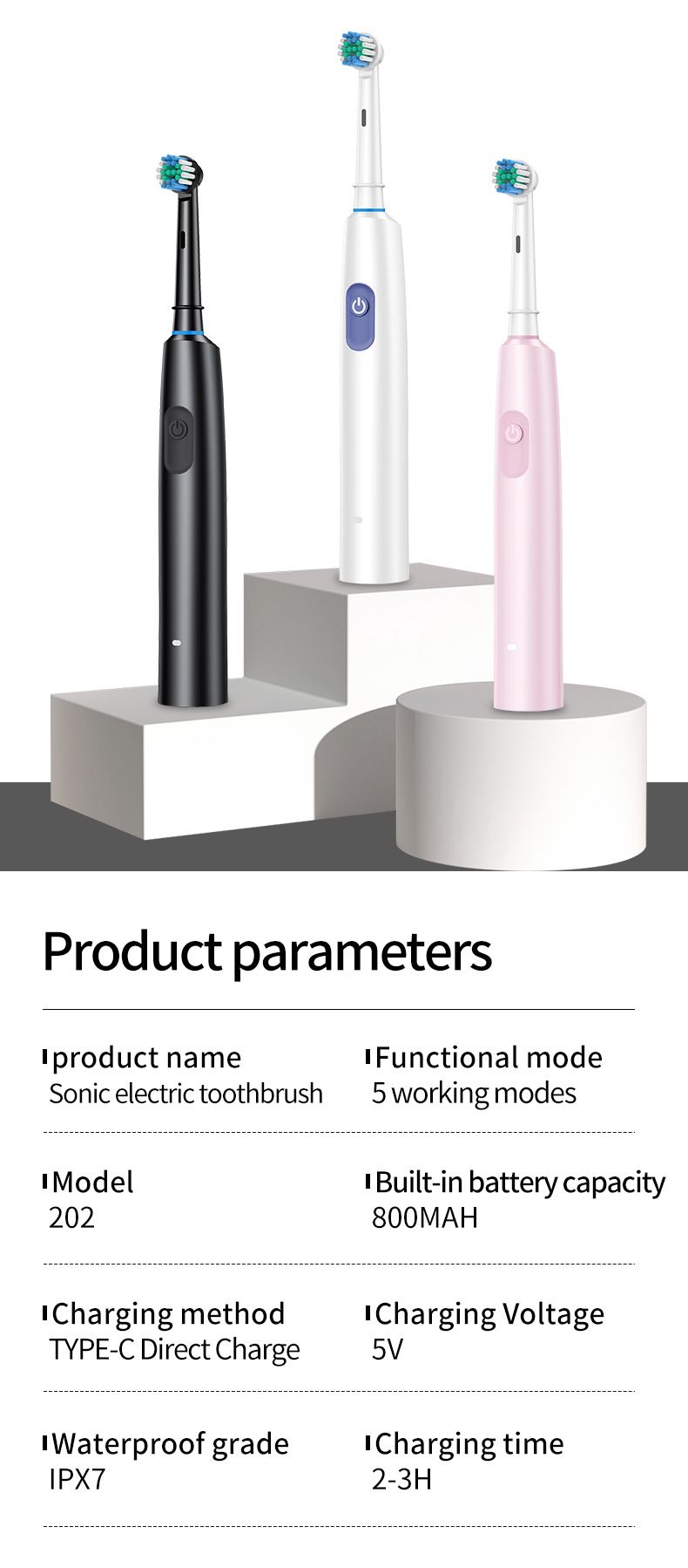 Elektrische Zahnbürste mit 5 Modi, rotierendem Bürstenkopf (360°), weichen Borsten, wasserdicht, wiederaufladbar, für Erwachsene_voghion.com