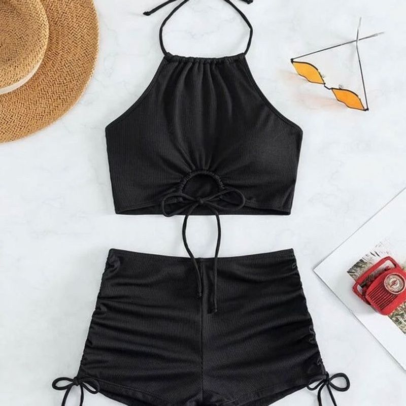 Costume da bagno due pezzi tinta unita, nuovo, con boxer, arricciato, conservatore, sexy, snellente, bikini con spalline per sorgenti termali_voghion.com