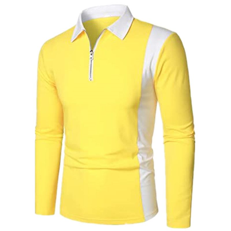 Men's Stitching Print Color Matching Polo Shirt Casual Lapel Long-Sleeved T-Shirt _voghion.com