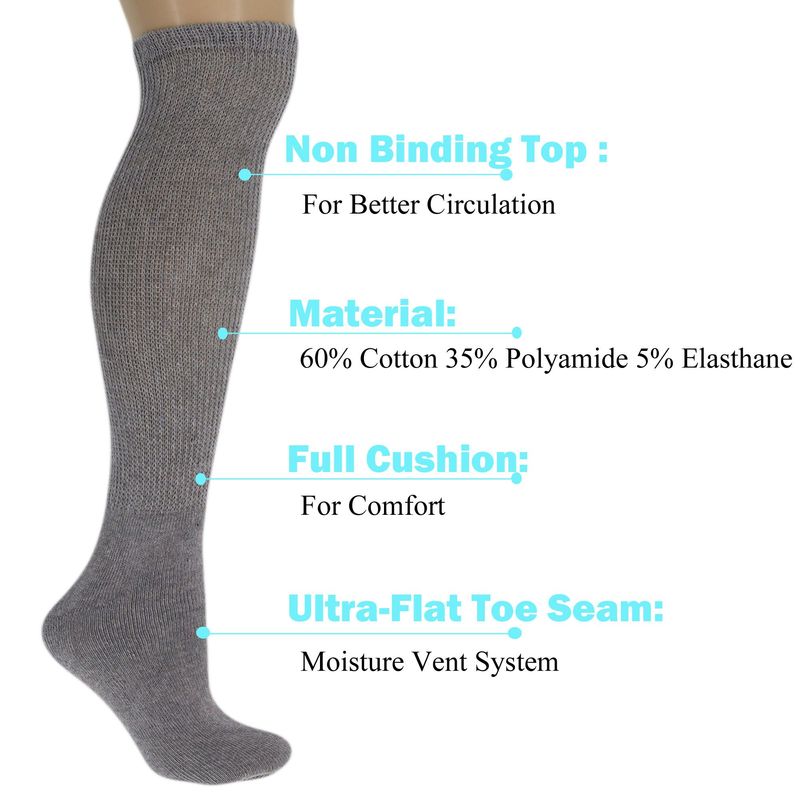 3 Pairs Unisex Cotton Diabetic Over-the-Calf Knee Socks Non-Binding Cushioned Breathable_voghion.com