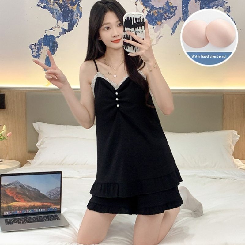 WB2509 # Summer New Woven Cloud Cotton with Chet Mat Sleepwear Women' Sweet Strap Can be Wearing Outerwear Home_voghion.com