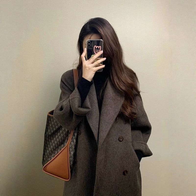 ​​Women’s Longline Wool Coat – Oversized Korean-Style Trench Coat With Double-Breasted Buttons (Brown/Black, S-2XL, Fall/Winter Maillard Aesthetic)​​_voghion.com