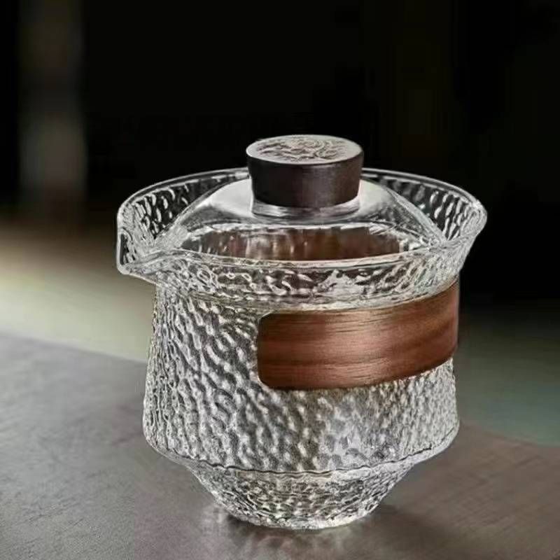 Premium Heat-Resistant Glass Tea Cup With Lid – Large Chinese Gongfu Tea Set, Transparent/Black/Hammered Finish, Custom Logo Gift Box_voghion.com