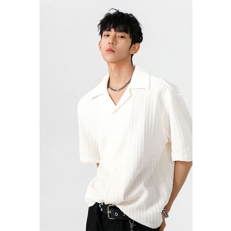 Men's Clothing Cuban Collar Jacquard Ice Silk Short Sleeved Shirt Men's Summer Thin Style High End Handsome Teenagers Loose Half Sleeved Shirt_voghion.com