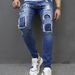 Jeans costurado tecido patch irregular calças plissadas tendência estilo clássico masculino_voghion.com