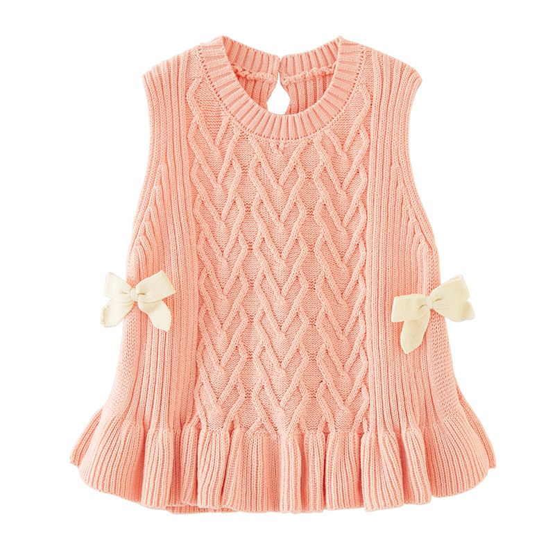 Mother & Kids Mädchen-Westenkleid aus Baumwollstrick mit Holzohren, Spitzenbesatz und Schleife – Weiche A-Klasse-Baby-Strickjacke für Frühling und Herbst – Rosa Beige (80–140 cm)_voghion.com