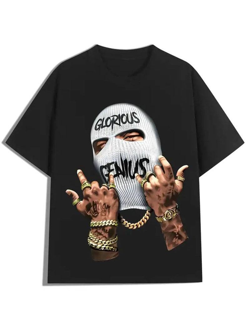 Y2K Style Men's 240g Cotton T-shirt With Cool Masked Boy And Gold Chain Print - Casual And Comfortable Short Sleeve For All Seasons_voghion.com