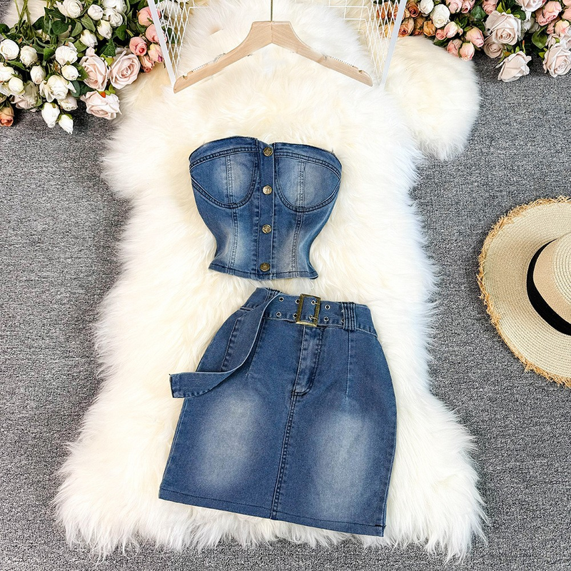 Damkläder Retro Snygg Kostym Sexig Topp Halterneck Topp Kort Mångsidig Jeanskjol Tvådelad Kostym Trendig_voghion.com