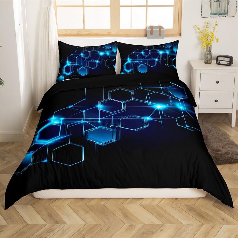 Honeycomb Duvet Cover Set Cot Size For Boys Girls Teens Light Blue Hexagonal Pattern Bedding Set Geometric Beehive Comforter Cover With 2 Pillowcases_voghion.com