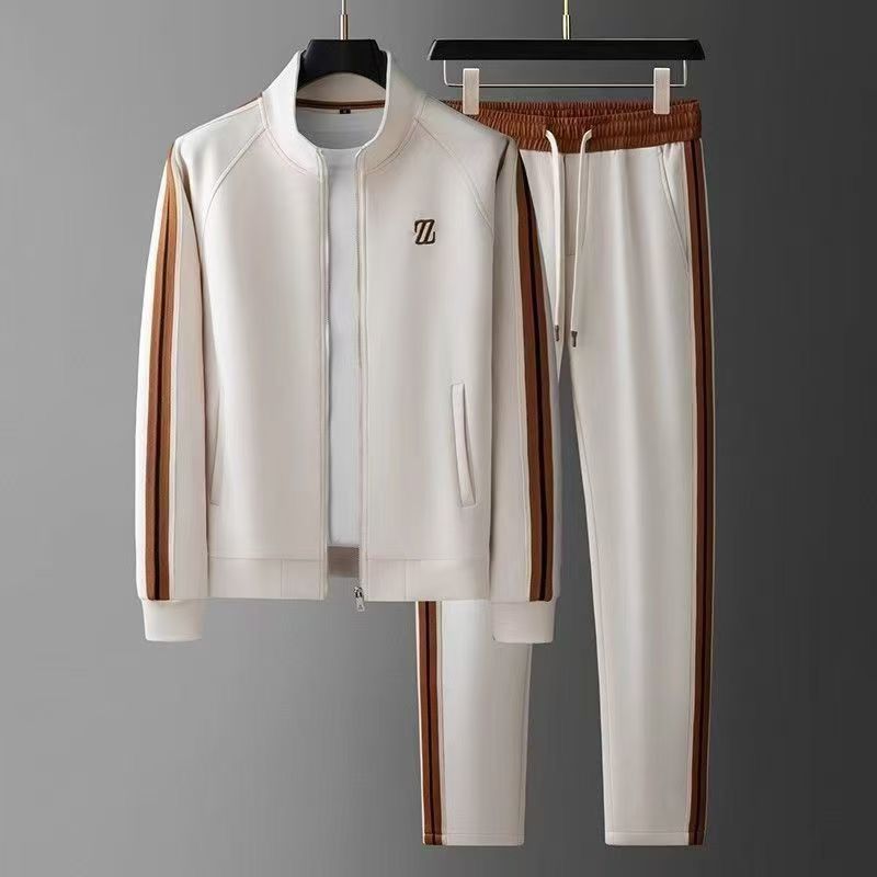 ​​Men's Casual Sportswear Set - Long Sleeve Stand Collar Top & Comfortable Trousers, Loose Fit, Polyester, Black/White/Dark Brown (Sizes M-4XL)​​_voghion.com