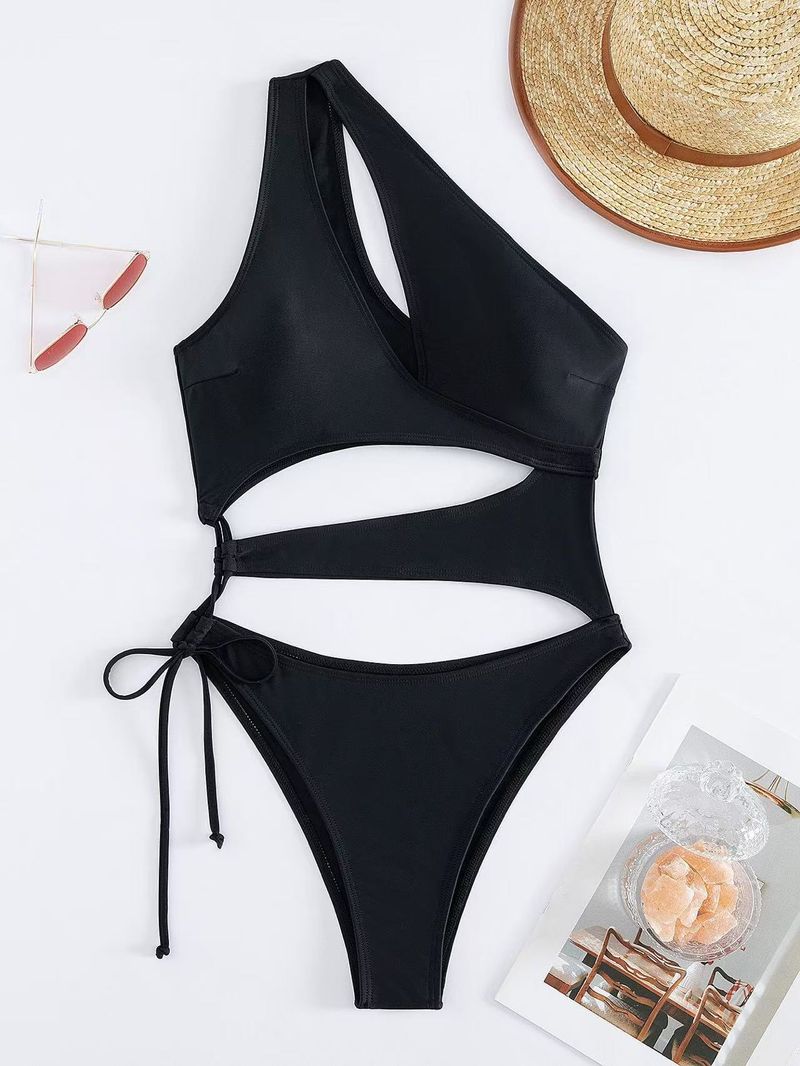 Maillot de bain une pièce à épaules obliques pour femmes, sexy, conservateur, noir uni, bikini à une épaule_voghion.com