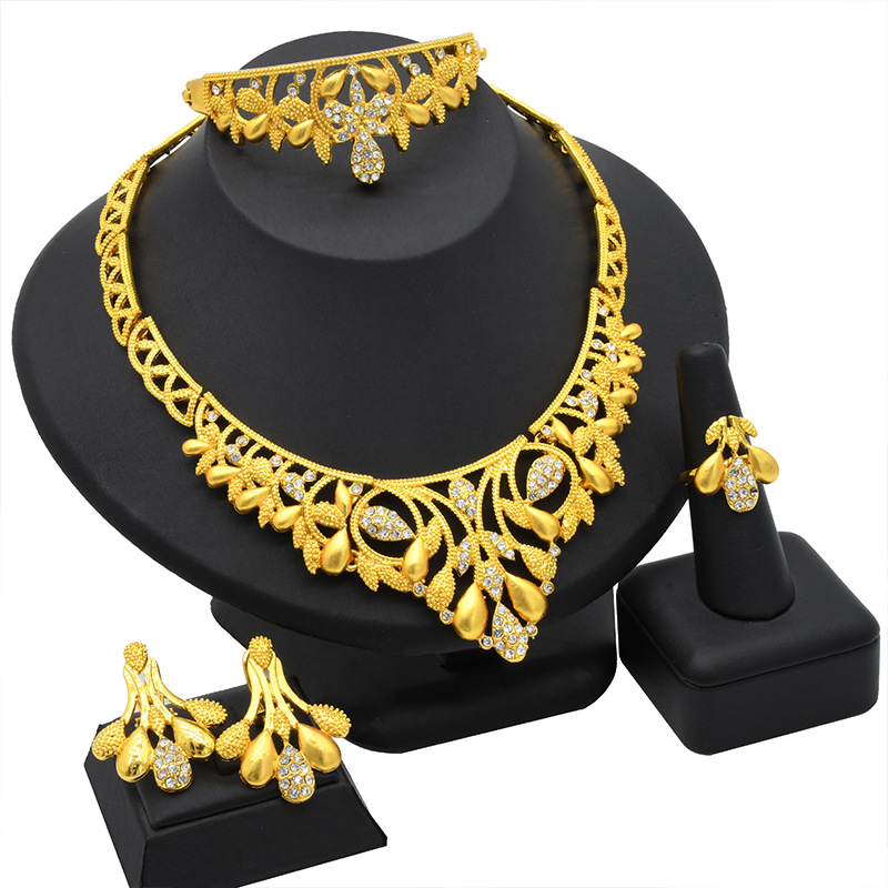 Gold plated bridal jewelry set Necklace Bracelet Earrings Ring_voghion.com