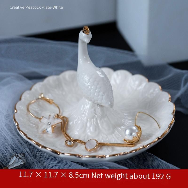 Vassoio portagioielli in ceramica con motivo a pavone - Elegante porta anelli e orecchini con espositore decorativo, organizer per la casa (blu, 7 pollici)_voghion.com