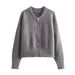 Women's Retro Knit Cardigan Pilot Jacket Stylish Casual Outerwear For Fall, Streetwear Vintage Coat With Comfortable Polyester Fabric (Grey, XS/S/M/L)_voghion.com