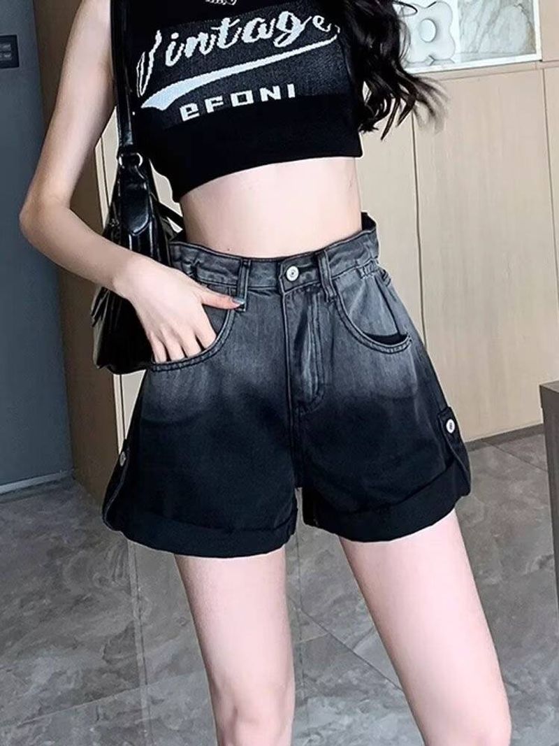Women's Gradient Black Denim Shorts, Large Size Summer High-waisted Slimming Shorts, Loose Cuffed Wide-leg Hot Pants_voghion.com