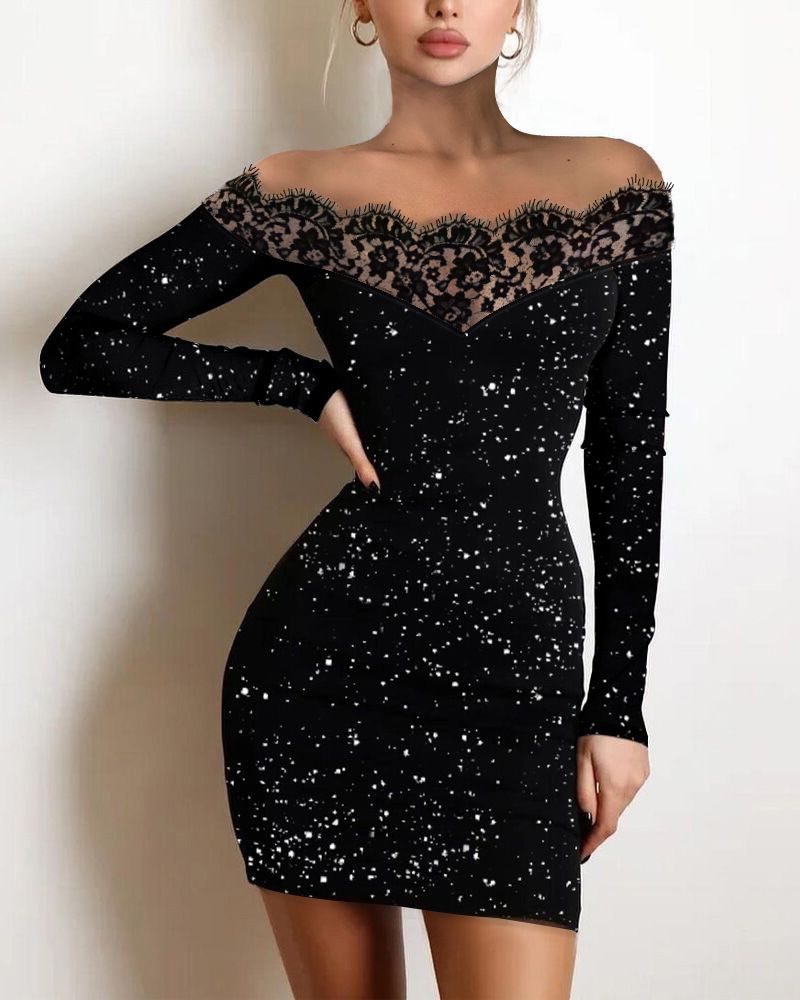 Women's lace one-shoulder dress hollowed out glitter highlights stretch fabric wrap hip skirt_voghion.com
