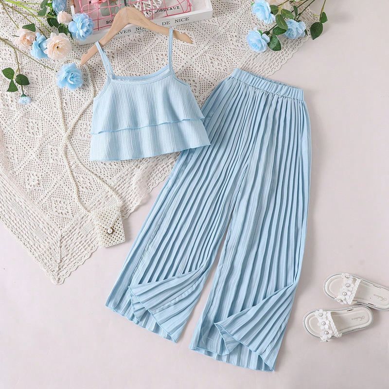 Kids’ Clothing Girls summer suits stylish suspenders ruffled blouse pleated trousers summer children's cross border children's clothing trend_voghion.com