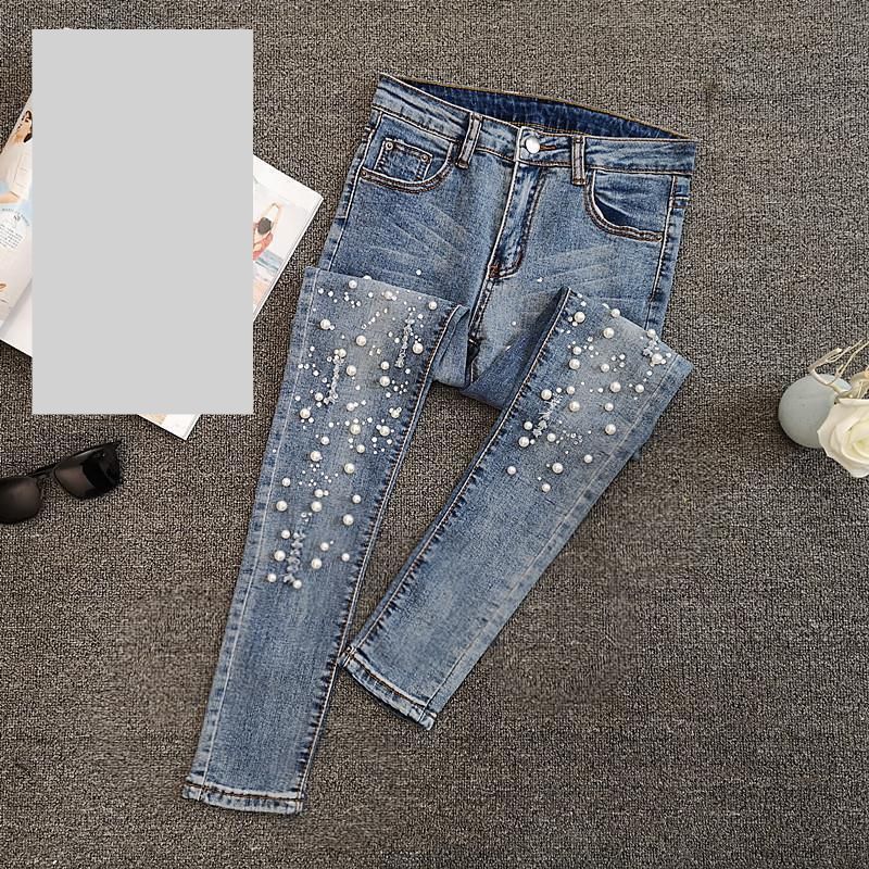 Naisten vaatteet helmillä varustetut denimhousut naisille keväällä ja kesällä uudet all-match napit joustavat ohuet leveälahkeiset yhdeksän pisteen housut_voghion.com