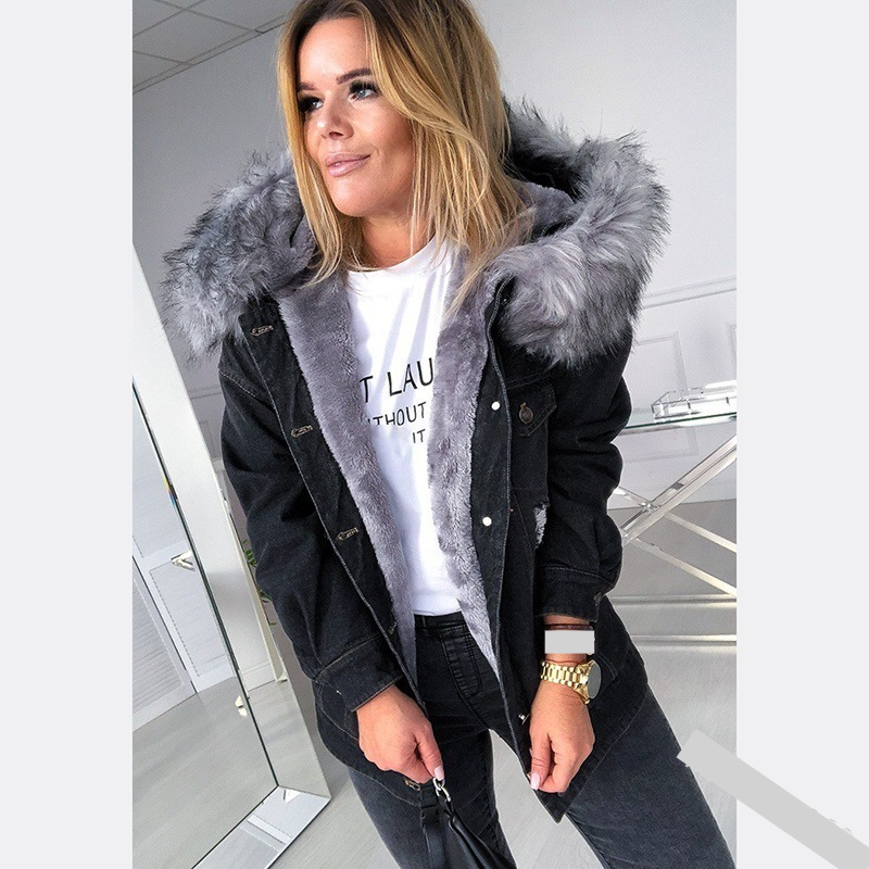 Roupas femininas nova plus plus gola de pelúcia feminina slim algodão denim jaqueta 8022_voghion.com