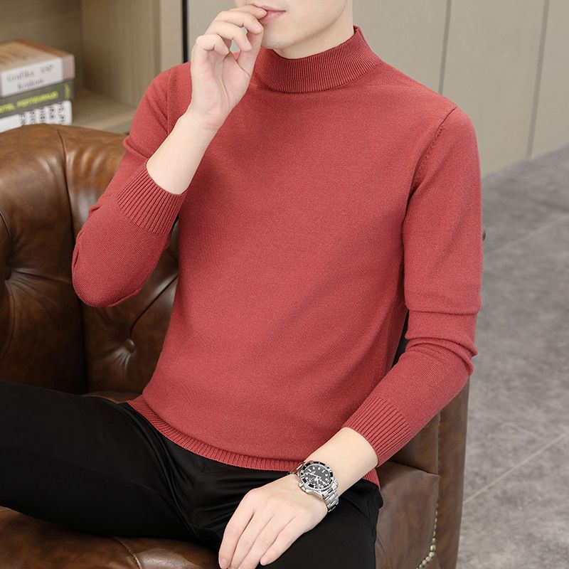Maglione autunno inverno nuovo stile semplice e alla moda uomo collo semi alto caldo tinta unita versatile leggero base di lusso_voghion.com