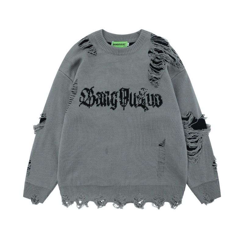 ​Lässiger, lockerer Häkelpullover für Herren mit Used-Details – Übergroßer Pullover mit Rundhalsausschnitt und langen Ärmeln für den Streetwear-Stil​_voghion.com