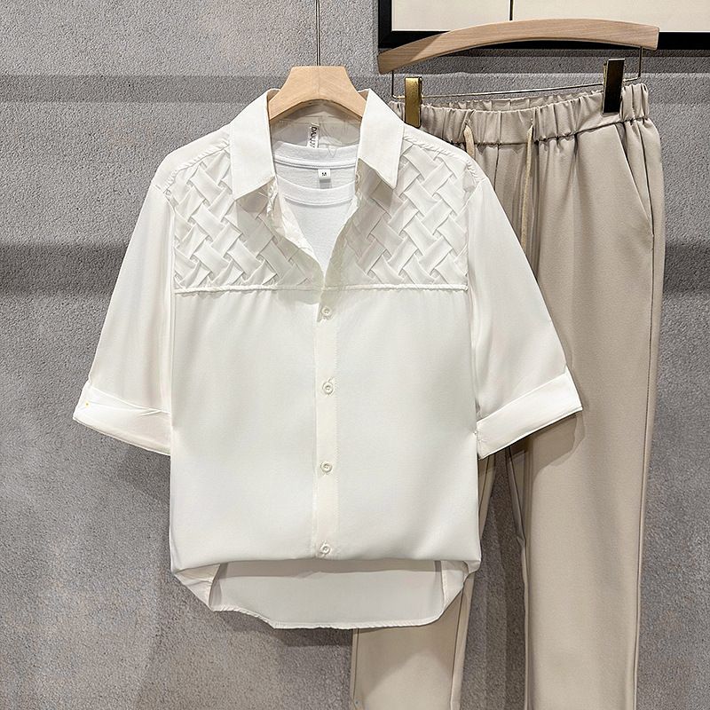 Trendy men, summer standard, youthful, trendy, lazy new Harajuku solid color shirt, fashionable, and versatile with quarter sleeves_voghion.com