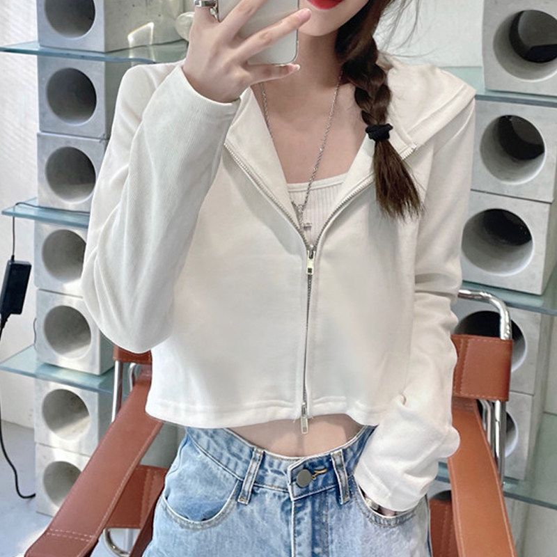 Felpa con cappuccio corta per donna 2021, nuovo stile, primavera e autunno, cardigan con cappuccio e cerniera per studenti_voghion.com