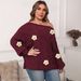Plus Size Off Shoulder Batwing Sleeve Sweater For Women - Asymmetrical Design With Handmade Floral Details, Soft Acrylic Blend_voghion.com