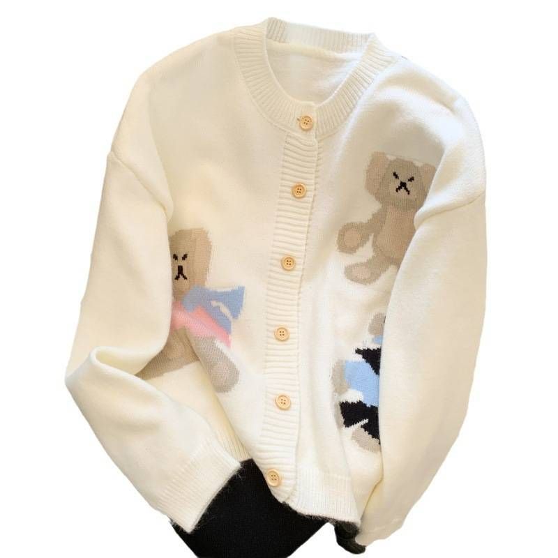 Women's Clothing Autumn And Winter Loose Simple Small Knitted Cardigan Tops Cute Bear Sweater  _voghion.com