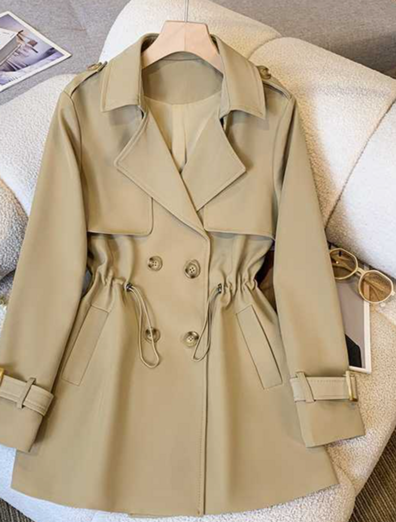 Damenbekleidung Trenchcoat mit Anzugkragen für Damen mittlere Länge Frühling neuer Stil taillenbetonend vielseitig schlankmachend zierlich Frühling und Herbst Khaki_voghion.com