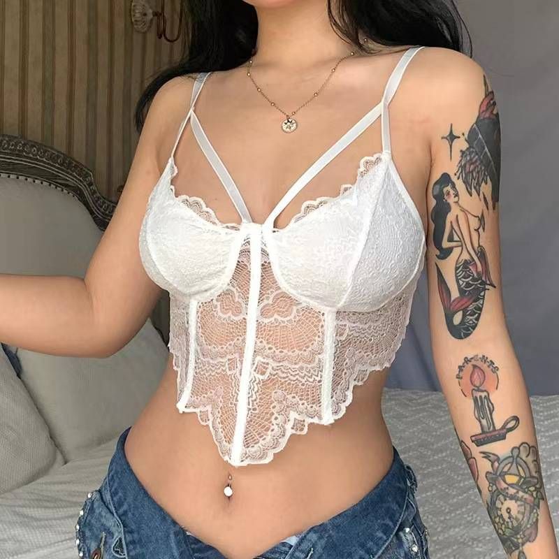 Vêtements transfrontaliers pour femmes européennes et américaines, nouveaux hauts d'été 2022 en maille à pois et dentelle, bretelles, nombril dénudé, arêtes de poisson_voghion.com