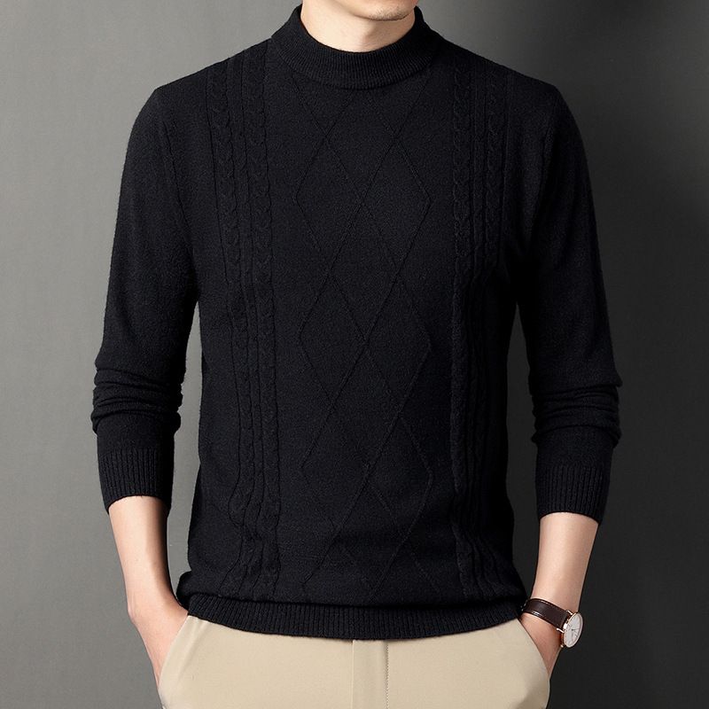 Men's Autumn And Winter Solid Color Jacquard Half-High Collar Thick Warm Sweater, Stylish Knitted Base Layer_voghion.com