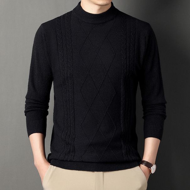 Men's Autumn And Winter Solid Color Jacquard Half-High Collar Thick Warm Sweater, Stylish Knitted Base Layer_voghion.com