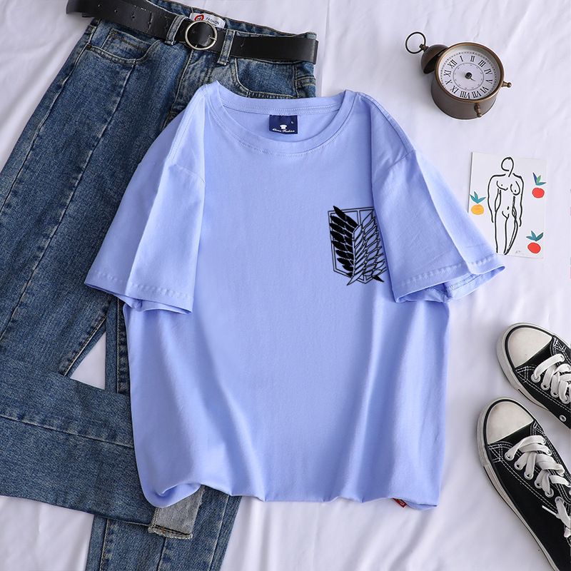 Sommer-T-Shirt aus Baumwolle in Bonbonfarben mit Aufdruck „Attack on Titan“ und vielseitiger Persönlichkeit, Rundhalsausschnitt_voghion.com