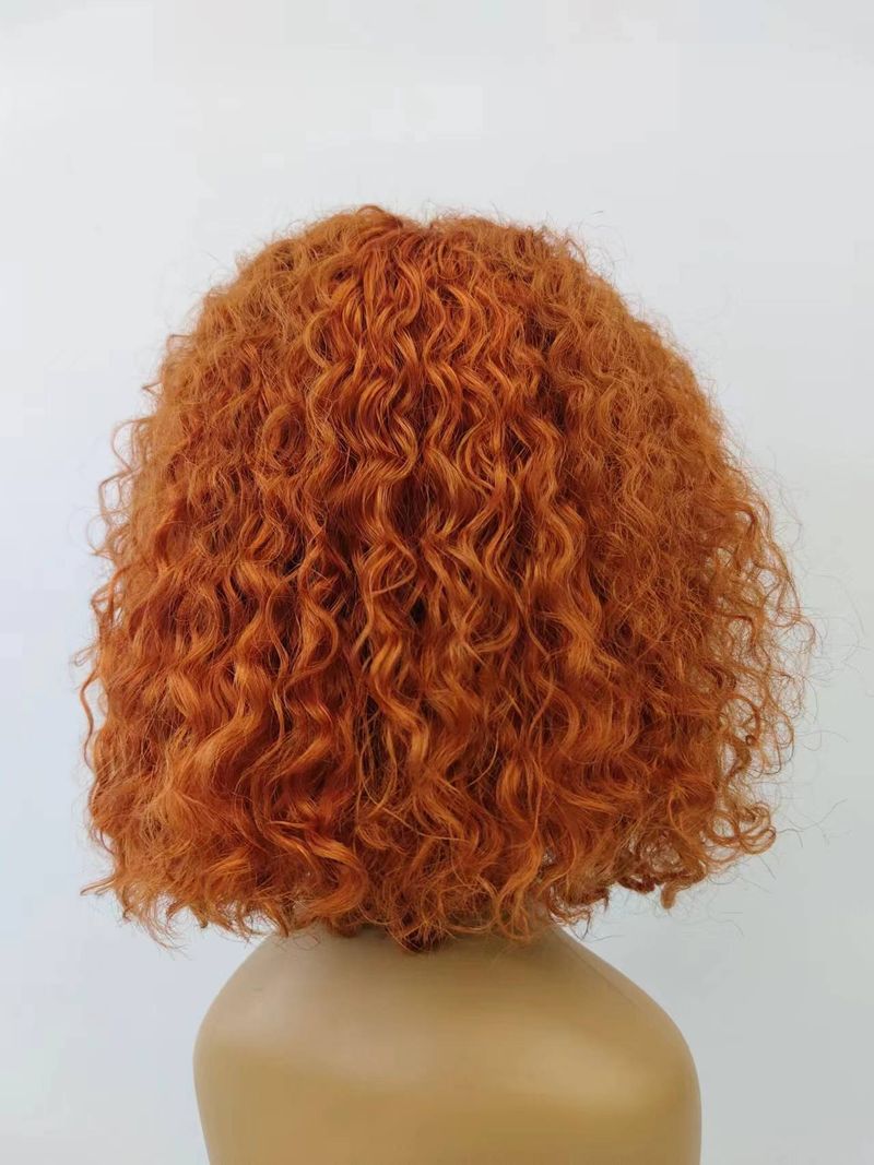 180 % Dichte, Ingwer-Orange, gelockt, 13 x 4 Zoll, Spitzenfrontperücke aus Echthaar für Frauen, kurze Bob-Perücke aus gelocktem Echthaar, transparente Spitzenperücke_voghion.com