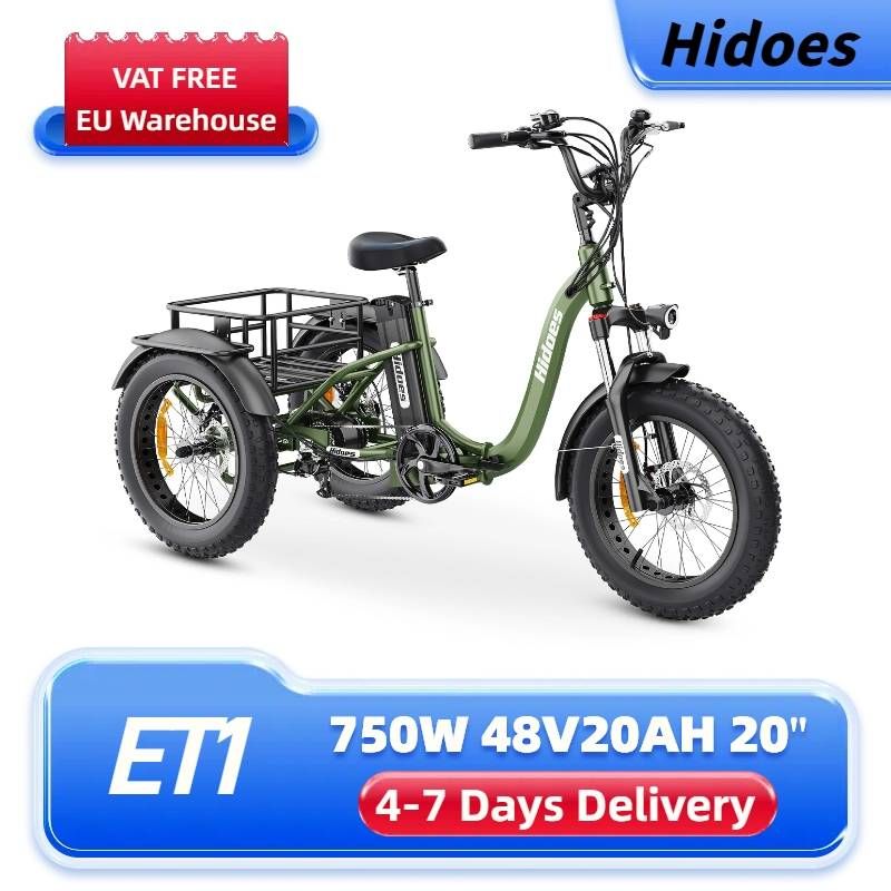 Hidoes ET1 Elektrikli Üç Tekerlekli Bisiklet Arka Raflı 750W 85NM tork Arka Tahrik Motoru 48V 20Ah Çıkarılabilir Pil_voghion.com
