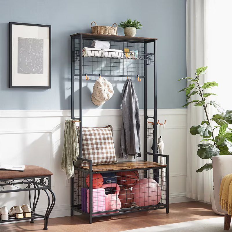 Garage Sports Equipment Organizer,Storage Rack With Bench,Baskets,Hooks,for Yoga Mat,Kids Toys,Balls,Indoor/Outdoor_voghion.com
