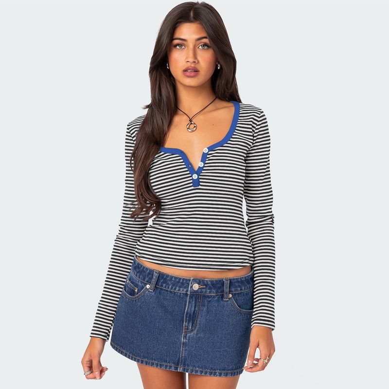 Striped Knit Button-Up Shirt Women's Slim Fit Cotton Top With Color Blocking_voghion.com