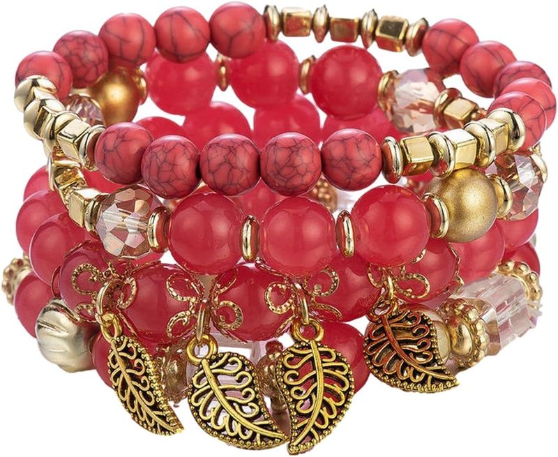 Mechanische Uhr, böhmisches Zubehör, kreatives mehrschichtiges Glasperlen-Blattarmband, Schmuck (C, Einheitsgröße)_voghion.com