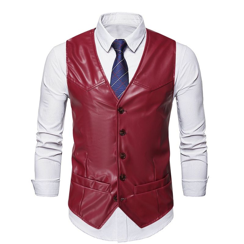 Men's Clothing Retro Men's Vest Round Neck Short Sleeve Casual Leather Vest_voghion.com