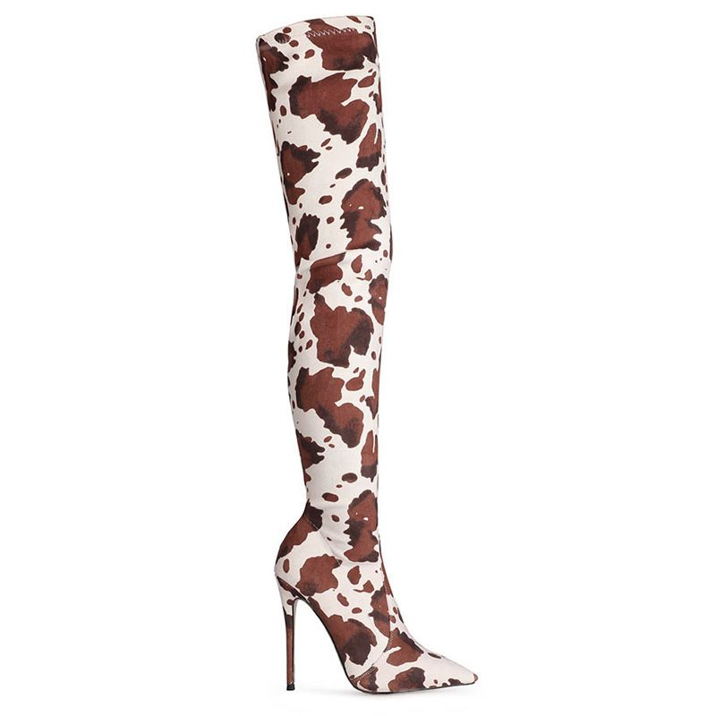 CMY Pointed-toed Stiletto Print Over-knee Stretch Boots Side Zipper Personalized High Boots_voghion.com