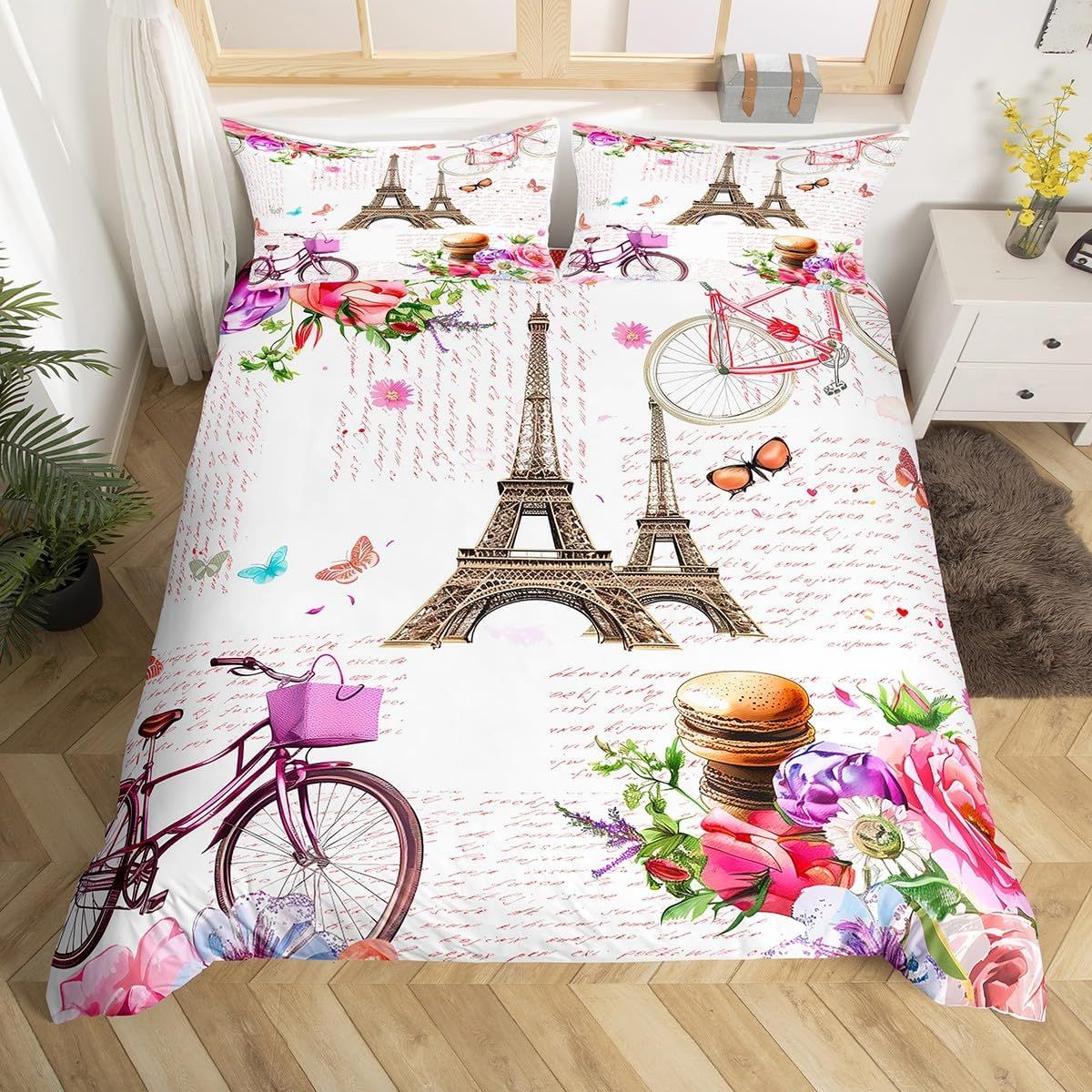 Capa de edredom com tema Torre Eiffel de Paris, capa de edredom romântica com rosas para berço para meninos e meninas, conjunto de cama vintage para o Dia dos Namorados, conjunto de cama com borboletas e decoração de quarto_voghion.com