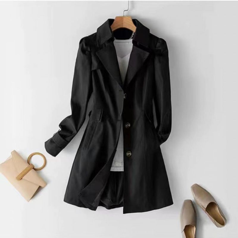 Trench-coat mi-long élégant pour femme – Coupe ajustée, simple boutonnage, coton léger, motif 3D, revers crantés classiques_voghion.com
