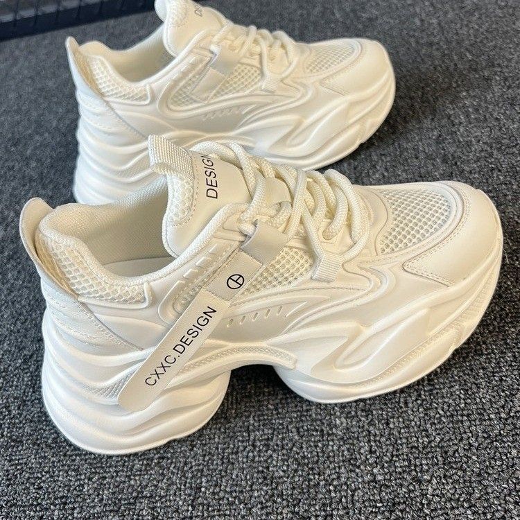 Dad 2025 New Spring And Summer Inner High Women's Casual Sneakers White Mesh Breathable Shoes_voghion.com