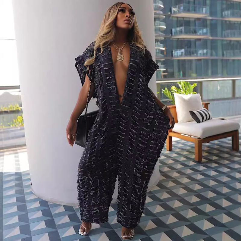 Women's Clothing Loose Denim Sexy Deep V Hole Wide Leg Jumpsuit_voghion.com