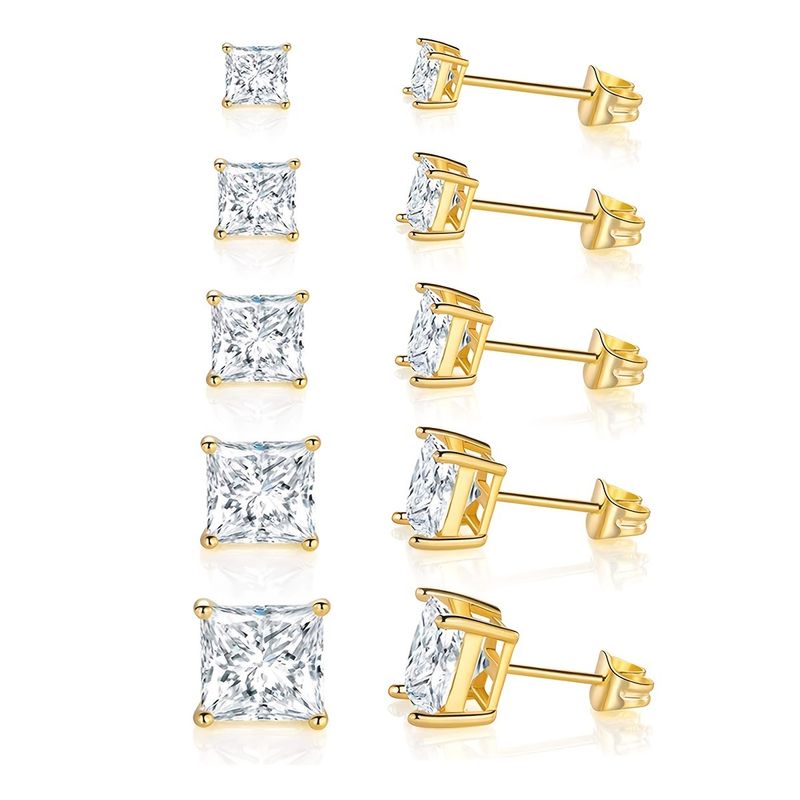 Set di 5 paia di orecchini a bottone con zirconi cubici da donna - Design geometrico minimalista, montatura a 4 punte, opzioni in oro e argento (3 mm-7 mm)_voghion.com